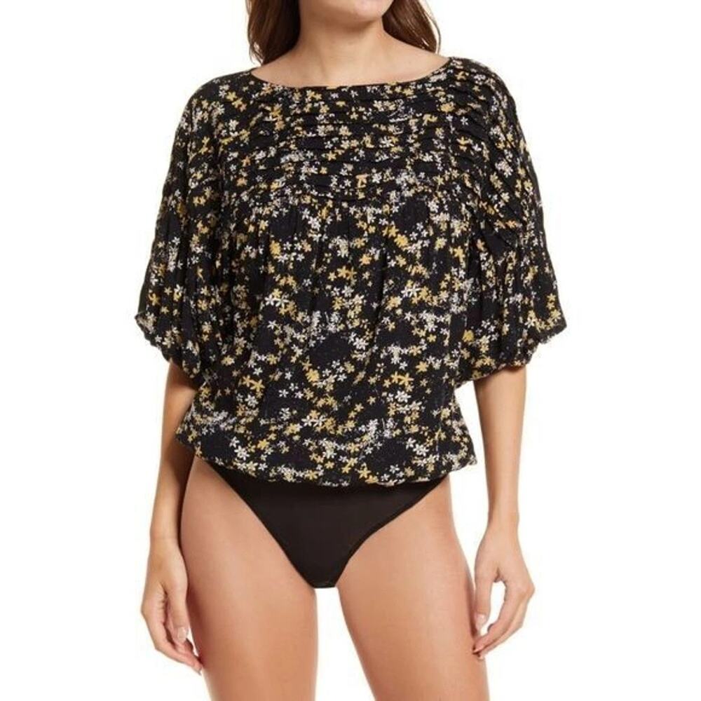 Free People Intimately Dessa Floral Bodysuit Blouse M Boho Balloon Sleeve NWT